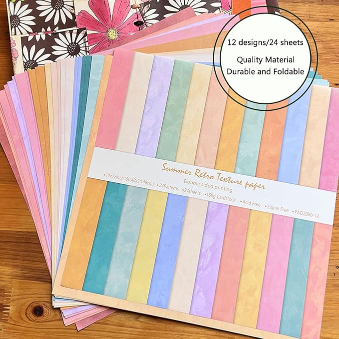 Scrapbook Paper 12x12, Double-Sided Suede Textured Scrapbook Paper Set 24 Sheets/ 24 Designs, Bohemian Patterned Craft Paper for Junk Journals Greeting Cards Album Decoration (Soft Romantic, 12x12 in)