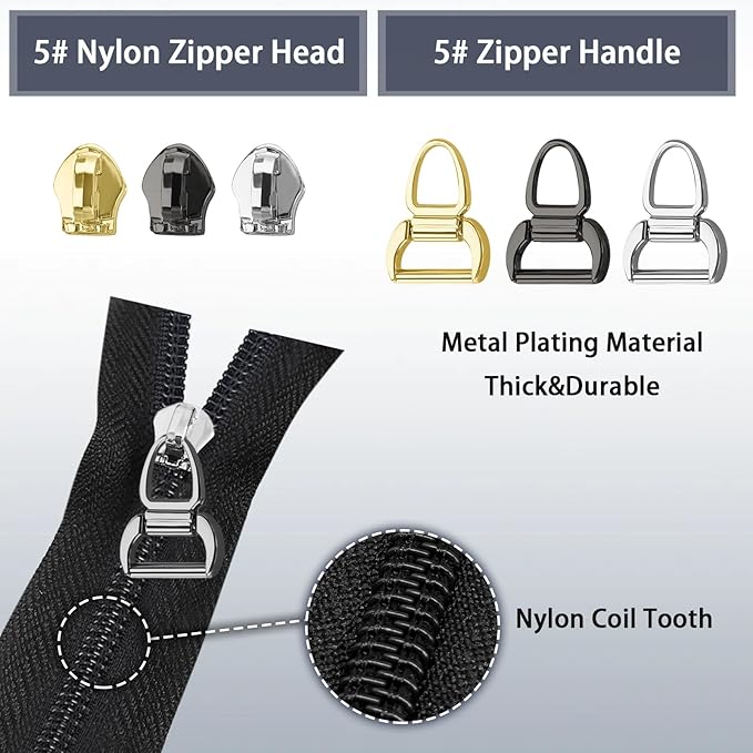 VICHERIA Zipper Repair Kit (45 Pcs), Universal Zippers for Sewing, Replacement Slider Pull Fix Kit for Jackets, Coat, Boot, Backpack, Purse (5#-B-9Pcs)