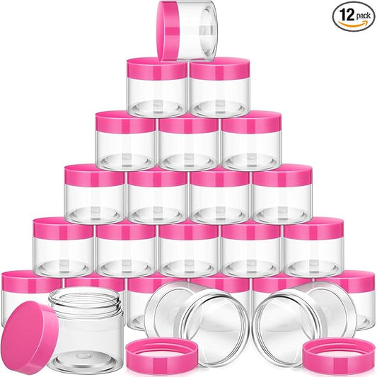 SATINIOR 12 Pack 10 oz Plastic Container Jars with Lids Round Clear Travel Cosmetic Container Slime Jars for Toiletries, Lotion, Cream, Ointments, Makeup, Rhinestone, Samples, Kitchen Storage(Pink)