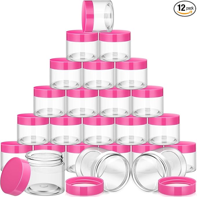 SATINIOR 12 Pack 32 oz Plastic Container Jars with Lids Round Clear Travel Cosmetic Container Slime Jars for Toiletries, Lotion, Cream, Ointments, Makeup, Rhinestone, Samples, Kitchen Storage(Pink)
