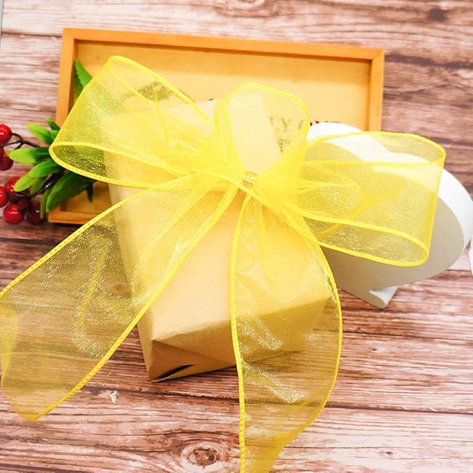 CT CRAFT LLC Sheer Organza Wired Ribbon 2.5" x 50Yards Yellow for Wedding Chair Bow Flora Bouquet Gift Wrapping Christmas Tree Home Decor Wreath