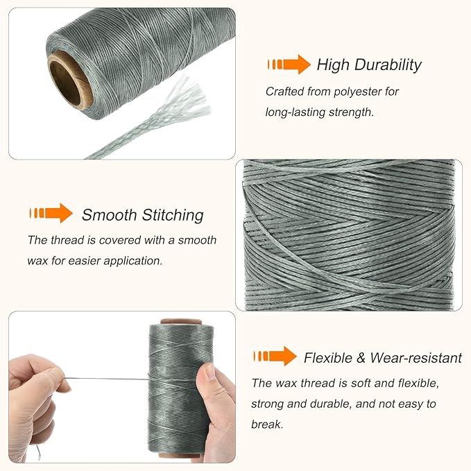 MECCANIXITY Waxed Thread,197 Yard 1mm 210D Flat Wax Thread Polyester Waxed String for Leather Sewing Hand Weaving Book Binding Home Decoration,Gray