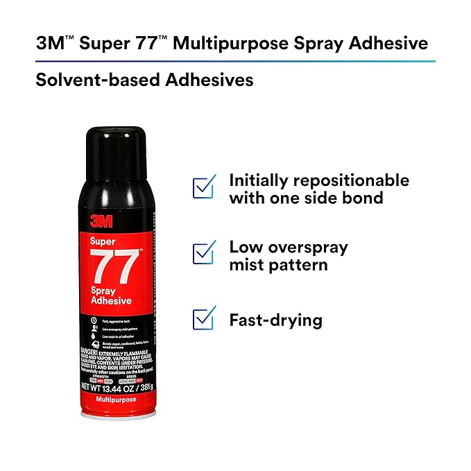 3M Super 77 Multipurpose Permanent Spray Adhesive Glue, Paper, Cardboard, Fabric, Plastic, Metal, Wood, Net Wt 13.44 oz (Pack of 2)