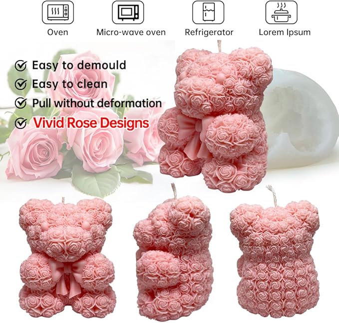 Bowtie Rose Bear Candle Mold - 3D Teddy Bear Candle Making Molds, Cute Epoxy Resin Molds for DIY Handmade Soaps,Valentine Gifts,Mother's Day Gifts,Birthday Gifts & Home Decorations(Bow Tie Bear Large)