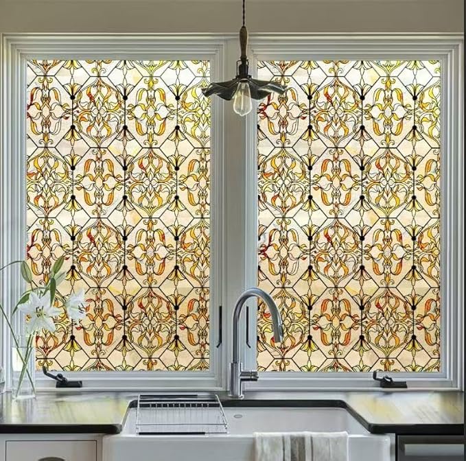 3D Stained Glass Window Privacy Film, Heat Control UV Blocking Static Cling Decorative Window Film for Bathroom,Front Door,Home Non Adhesive,GiltGaze 35.4 x 78.7 inches