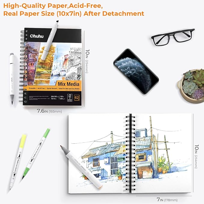 Ohuhu Mix Media Pad, 10"x7.6" Mixed Media Art Sketchbook, 120 lb/200 gsm Heavyweight Papers, 62 Sheets/124 Pages, Spiral Bound Mixed Media Paper Pad for Acrylic, Painting Christmas Gift