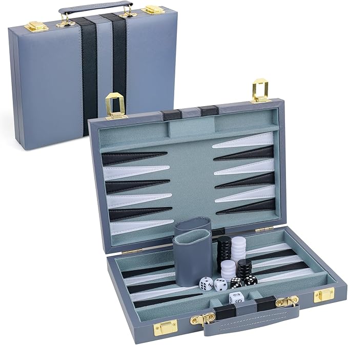 Backgammon Set 2 Players Classic Backgammon Sets for Adults Board Game with PU Leather Case Portable and Travel Backgammon Set (Grey, 11inch)