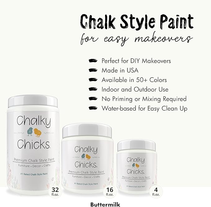 Chalky Chicks All-in-One Chalk Paint for Furniture or Cabinet - 32 Fl Oz - Matte Finish Buttermilk (White) for Metal, Wood Furniture Paint - No Sanding All-in-One for Home Decor & Crafts, USA Made
