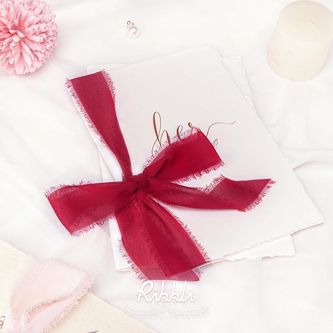 Ribbli Dark Red Chiffon Ribbon 1-1/2 inch x 20 Yard Handmade Fringe Chiffon Silk Ribbon,Dark Red Ribbon for Wrapping, Wedding Invitations, Bridal Bouquets, Home Decor