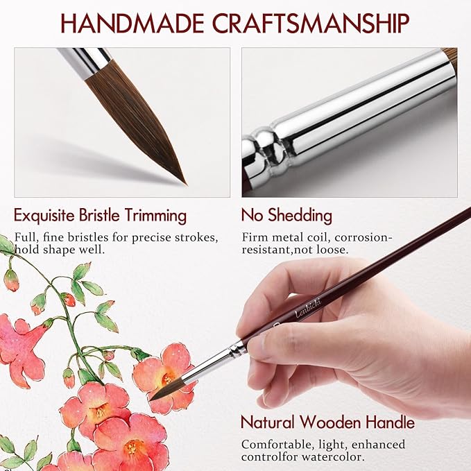 Sable Paint Brushes Professional Watercolor Paintbrushes Set for Artists 9pcs, Ideal for Watercolor, Acrylic, Includes Round Pointed, Flat, Cat's Tongue