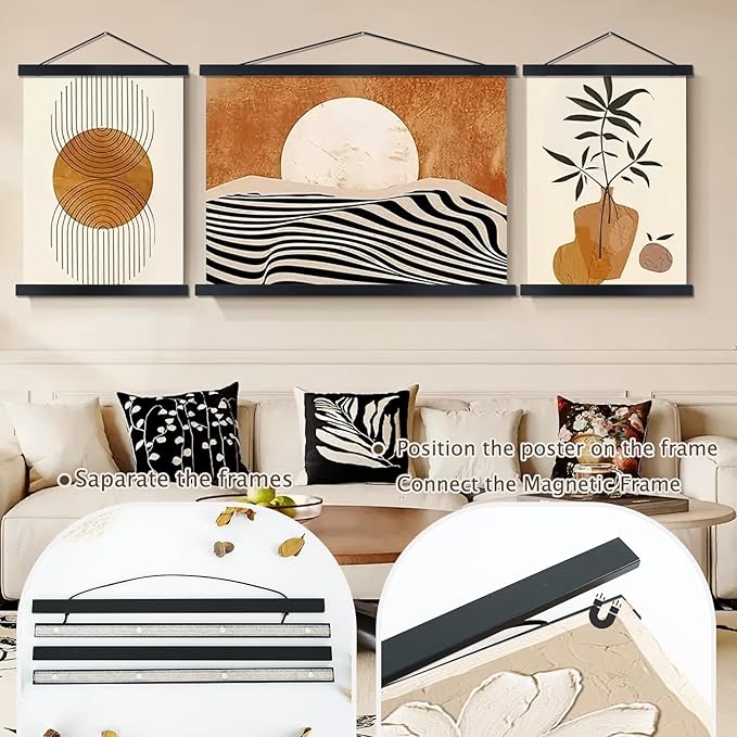 Artmag Magnetic Poster Hanger Frame, Light Wood Wooden Magnet Canvas Artwork Print Poster Hangers for 15x36 15x30 15x21 Frames Hanging Kit (Black, 15")