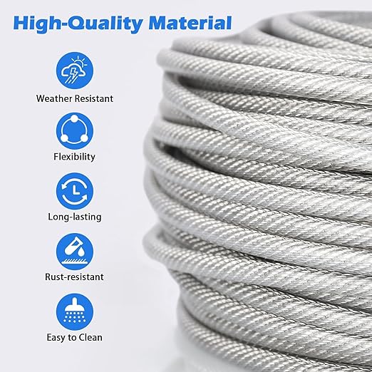 3/16" Wire Rope, 100Ft PVC Coated Steel Cable 7×7 Strand Core, Ideal Cable Railing System for Stair Handrail Balusters Porch Fence Deck, String Light Hanging, Clothesline, Curtains, Shade Sail