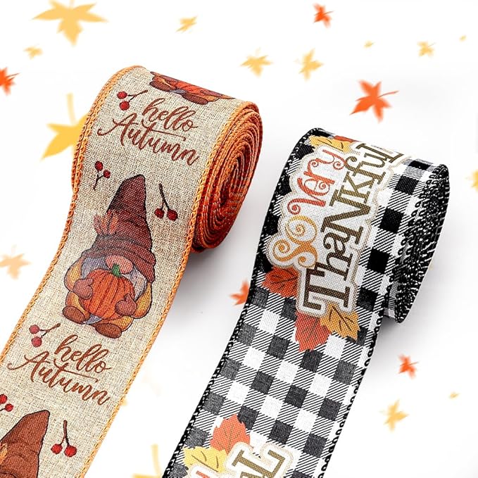Threetols 2 Rolls 10 Yards Fall Wired Edge Ribbons, 2.5inch Black White Plaid Burlap Ribbon, Autumn Leaves Gnomes Pumpkin Ribbon for Thanksgiving Party DIY Craft Fall Wreath Bow Decor