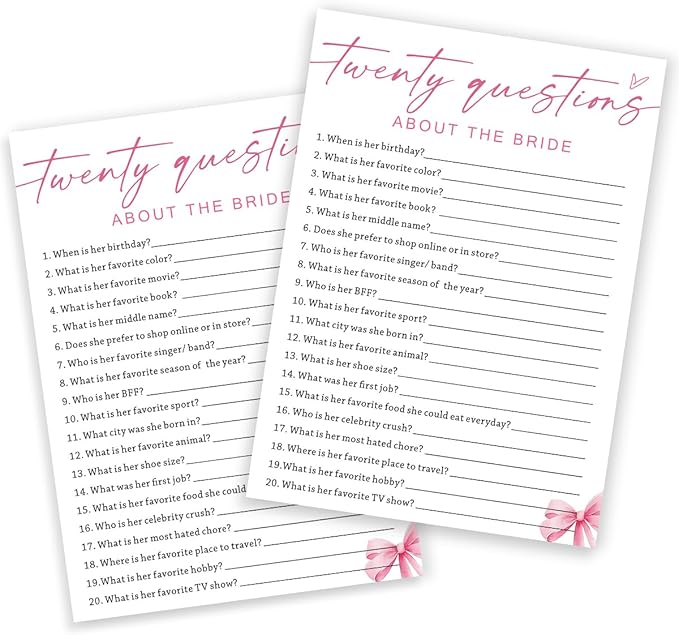 Wedding Shower Games Cards, Twenty Questions About The Bride, Bridal Shower Games 25 Guests, Engagement Party Wedding Games for Guests, Pink Ribbon Bow Wedding Party Supplies - E05