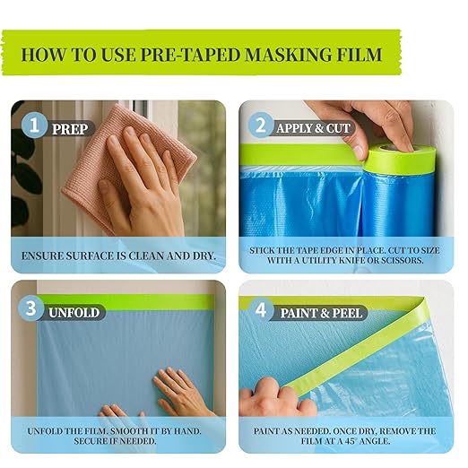 Pre-Taped Masking Film for Painting - 22" x 66' Masking Plastic with Automotive Tape and Drape for Covering Cars, Walls, Windows, Furniture, and More During Painting Projects （2 Rolls）