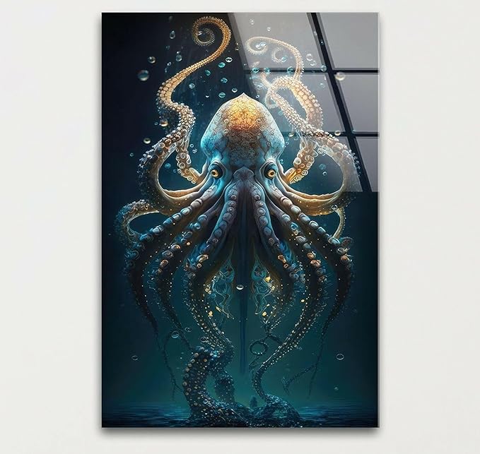 My Photostation.com Round 31,5'' Underwater Blue Octopus Glass Wall Art Tempered Glass Printing Wall Decor Large Wall Art Wall Hangings