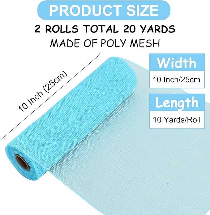 TONIFUL 2 Rolls 10 Inch Light Blue Decorative Mesh Ribbbon Rolls, Fabric Mesh for Mesh Wreath Supplies, Front Door Wreath Crafts Tree Decor Christmas NewYears Halloween Decoration (10 yds/roll)