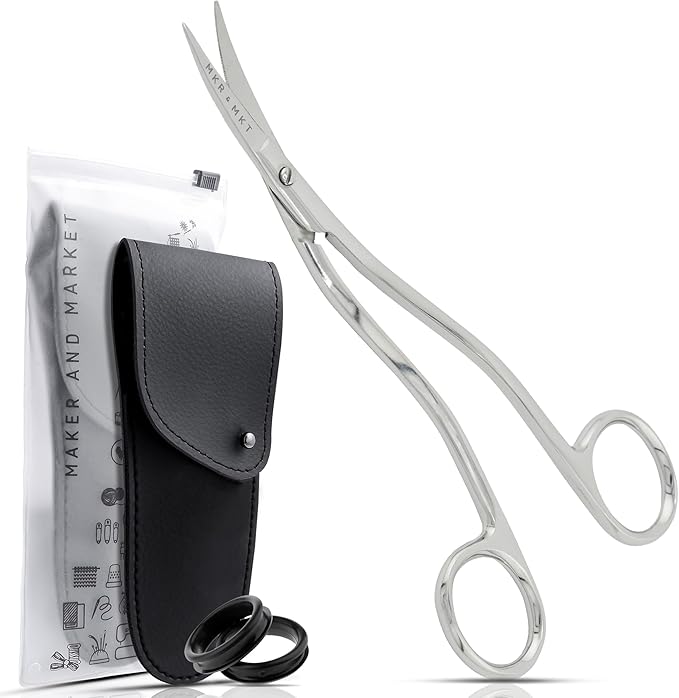 Applique Long Thin Needlepoint Blade 6.1 Inch - Double Bent Curved Offset Handle Scissors with Pouch Sleeve for Embroidery, Fabric, Thread, Knitting, Sewing, Arts & Craft (Polished)