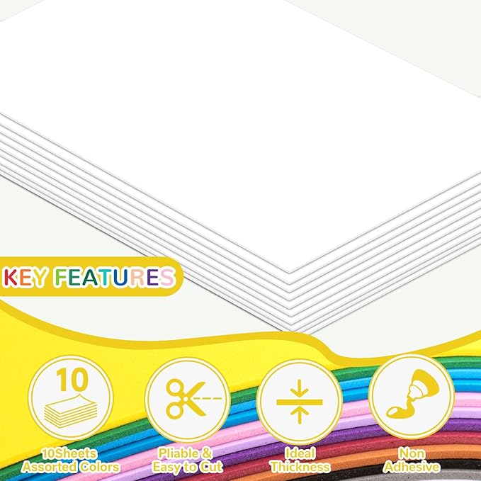 10 Pack Foam Sheets Craft 8 x 12 inch, Eva Color Foam Paper for Art Crafts Projects, Classrooms Scrapbook Gift DIY Cutters Card Party Decoration (White)