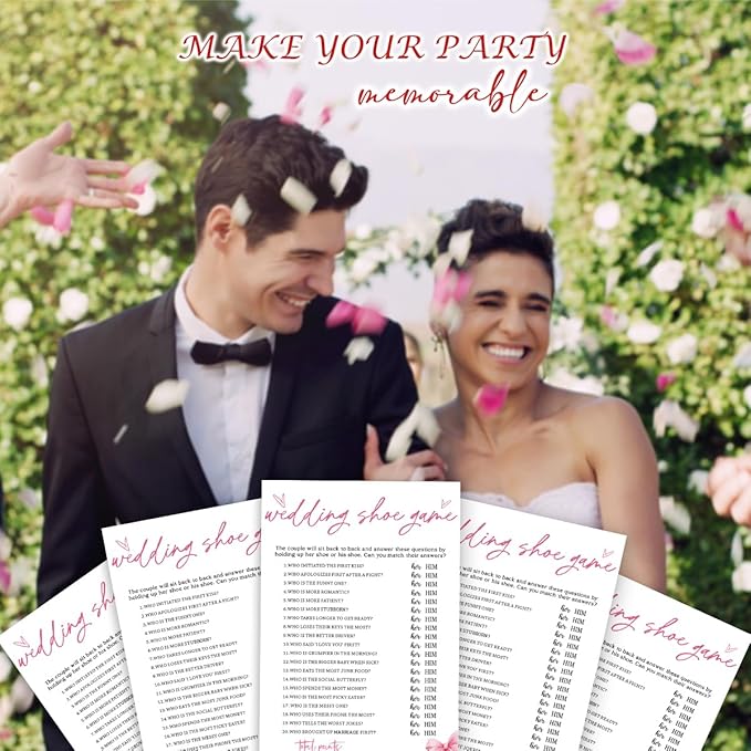Wedding Shower Games Cards, Wedding Shoe Game, Bridal Shower Games 25 Guests, Engagement Party Wedding Games for Guests, Pink Ribbon Bow Wedding Party Supplies - E04