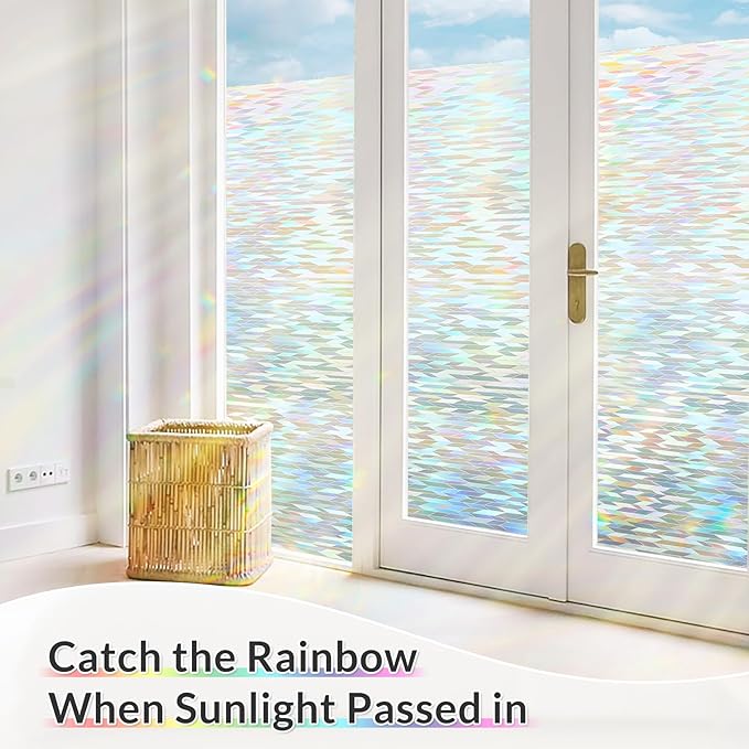 rabbitgoo Window Privacy Film with Installation Tools, Stained Glass Window Film Rainbow Prism Decorative Glass Clings for Home Decor, Static Cling Covering Sun Blocking, 35.4" x 157.4"