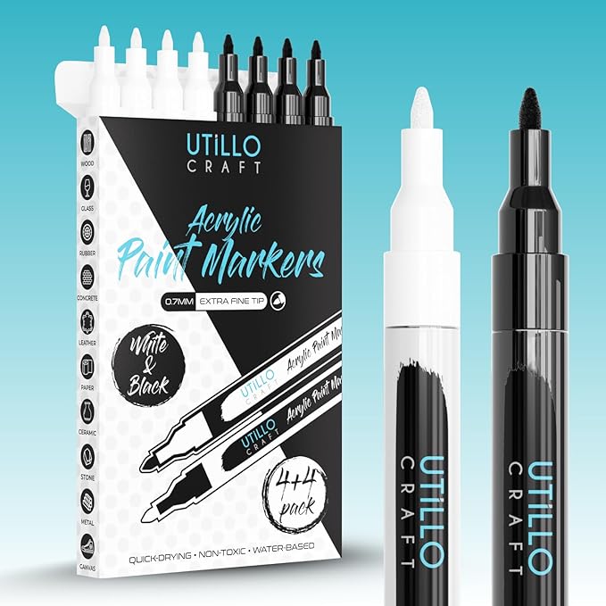 White+Black Paint Pen (8-Pack) Extra Fine Tip Made in Japan | Bold Color+100% Coverage | For Rock, Wood, Glass, Paper, Fabric, Canvas, Metal and More! | 0.7mm Paint Pens | Acrylic Paint Pens