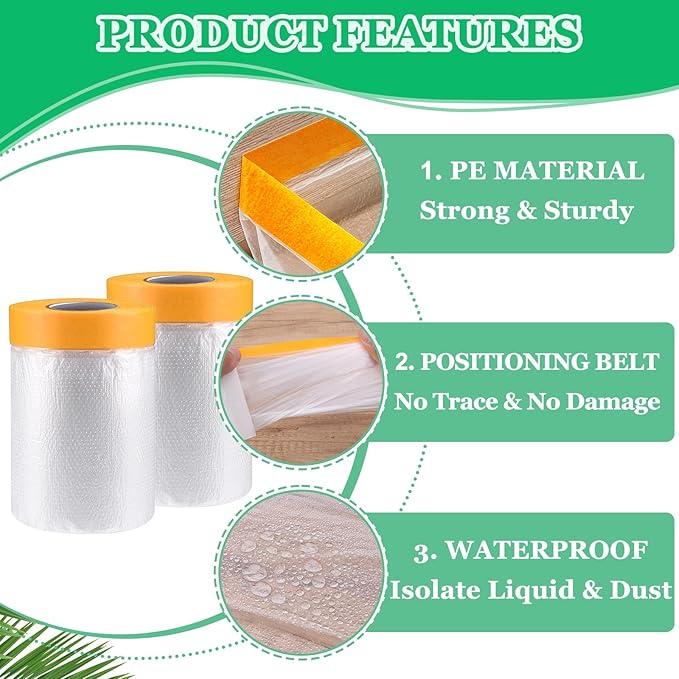 4 Pack Tape and Drape, 3 Sizes Pre-Taped Masking Film for Auto Painting Covering, 65.6 Ft/Pack Plastic Pre-Adhesived Dust Paint Protective Drop Film for Furniture, Car, Floor