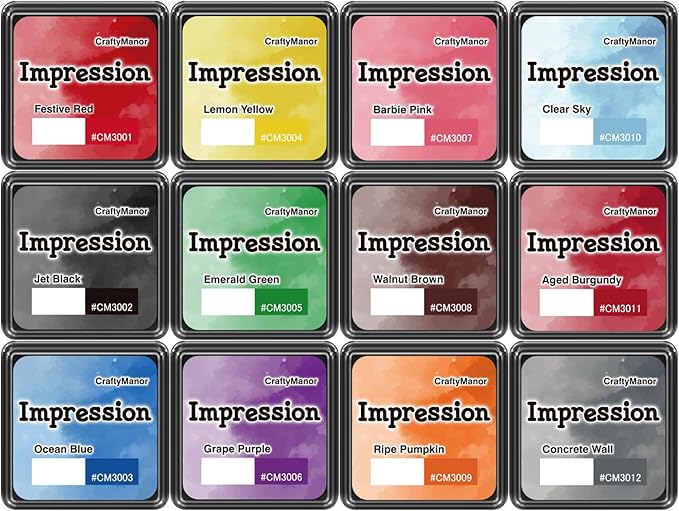 CraftyManor Mini Smudge Ink Pads for Stamps, Water Based Halo Dye Stamp Pad for Scrapbooking, DIY Craft Scrapbook Supplies for Adults (12 Colors)