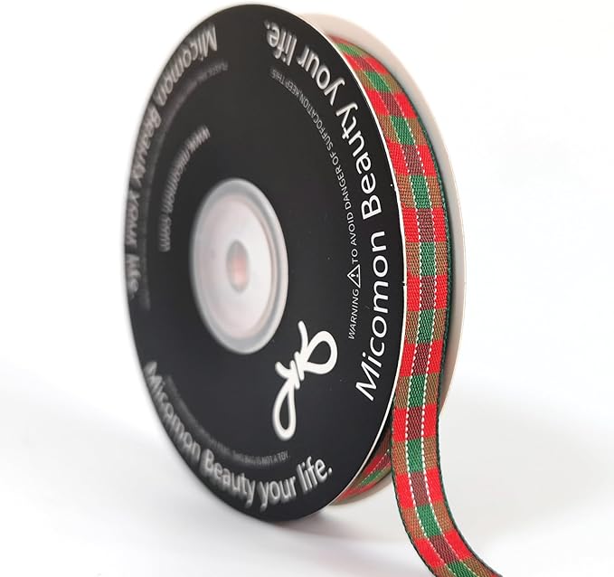 Micomon X'Mas Gingham Ribbon Green Red Metallic Gingham Ribbon 25 Yards Each Roll 100% Polyester (3/8",RedGreenGold)