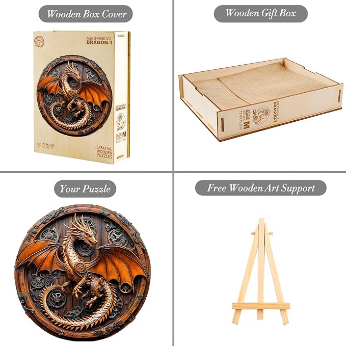 KAAYEE Wooden Puzzles for Adults, 3D Vision Mechanical Dragon Wooden Jigsaw Puzzles Unique Shape Advanced Wood Puzzle Adult, Birthday Fathers Family Game (S-8.5 * 8.4in-100pcs)