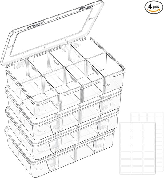 4 Pack 8 Grids Bead Organizer and Storage, Clear Plastic Storage Containers with Removable Dividers and Labels Small Tackle Box Organizer for Jewelry Crafts Electronics Small Parts