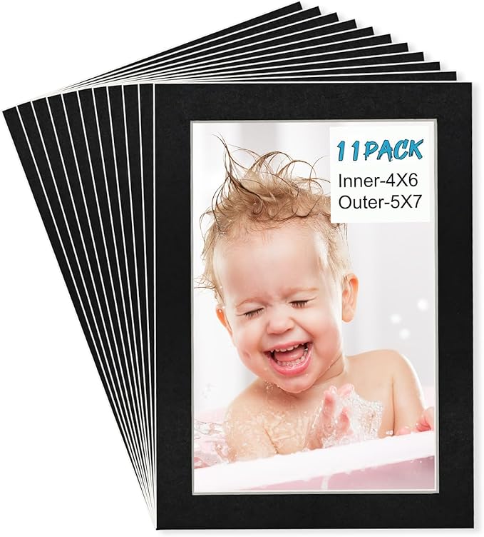 Egofine 5x7 Black Picture Mats Pack of 11, Frame Mattes for 4x6 Pictures, Acid Free, 1.2mm Thickness, with Core Bevel Cut