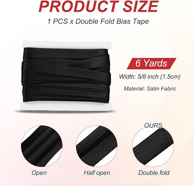 MECCANIXITY Double Fold Bias Tape for Sewing 5/8 Inch x 6 Yards Satin Pre-fold Continuous Binding Tape for Seaming Quilting Hemming Binding DIY Crafts, Black