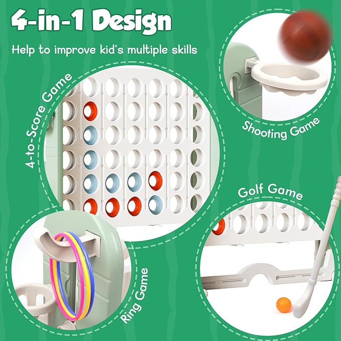 Ancaixin Giant 4 in-A-Row Connect Game Set, Adjustable Height Jumbo Yard Game with Basketball Hoop, Golf, Mesh Pocket & Ring Toss, Indoor Outdoor Family Backyard Party Game for Kids and Adults, White