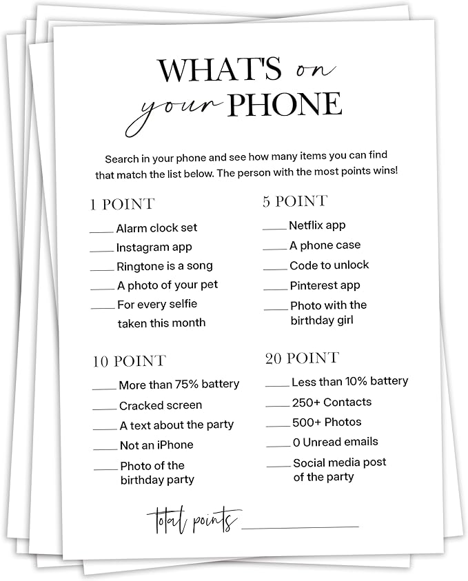 Birthday Party Games, What's on Your Phone, 25 Pcs Card Set for Guests, Fun Birthday Game for Teen Adults – A07