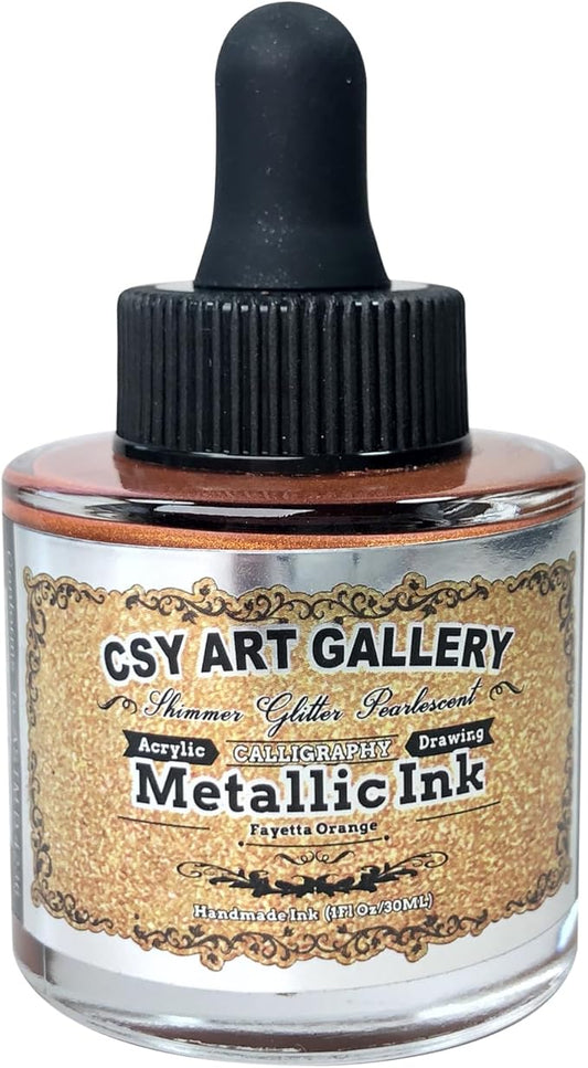 CSY art gallery Metallic Acrylic Paint Ink-Craft Paint-Calligraphy Inks,Glitter-Pearlescent -Gold Drawing Ink Liquid Gold Leaf Paints with Dropper, 1oz - 29.5 ml (Fayetta Orange)