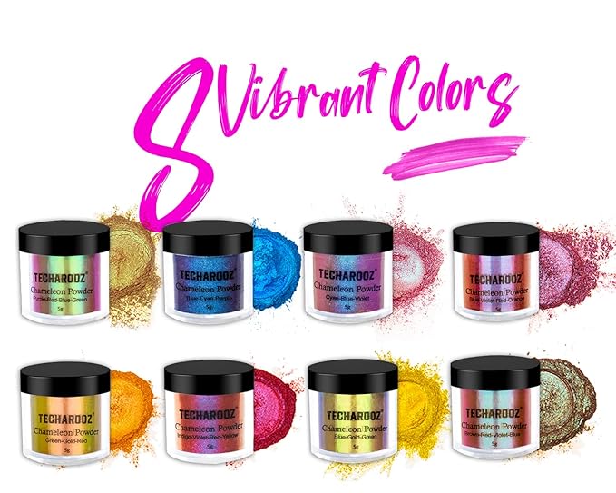 TECHAROOZ Chameleon Mica Powder 8 Color Shift Mica Powder, Holographic Glitter for UV & Epoxy Resin Supplies, Eyeshadow, Acrylic Paint, Nail Decor, Slime, Soap Making, Candles, Bath Bombs, Cosmetics