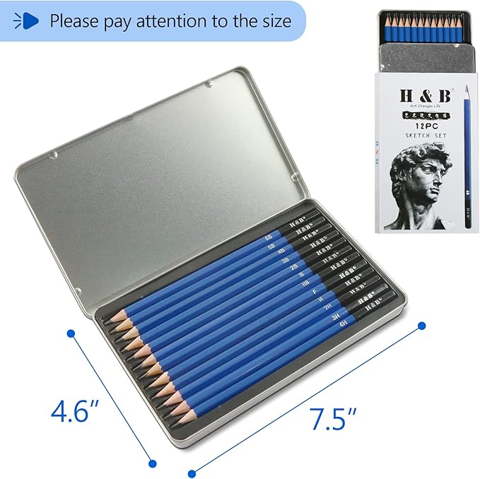 H & B 12 PCS Pencil Drawing Kit, H-4H, F, HB, B-6B Graphite and Charcoal Sketch Pencil Set for Beginners, Professional Artists