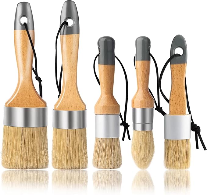Chalk Paint Brush, Wax Paint Brush Set of 5, Wax Brushes and Chalk Paint for Furniture DIY Art Crafts, Natural Bristle Round Oval Brush for All Painting and Waxing