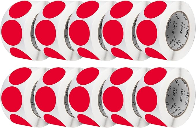 Perco Red 3-Inch Perforated Circle Dot Sticker Labels — 10 Rolls, 5,000 Round Stickers — with Permanent Adhesive for Moving Boxes, Sale Signage, Displays, Status Messaging—Made in USA