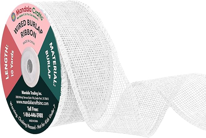 Mandala Crafts White Burlap Wired Ribbon 1.5 Inches Wide Jute Ribbons for Crafts - 10 Yds Roll Rustic Burlap Wrap Trim Ribbons for Wreaths Bows Party Decoration