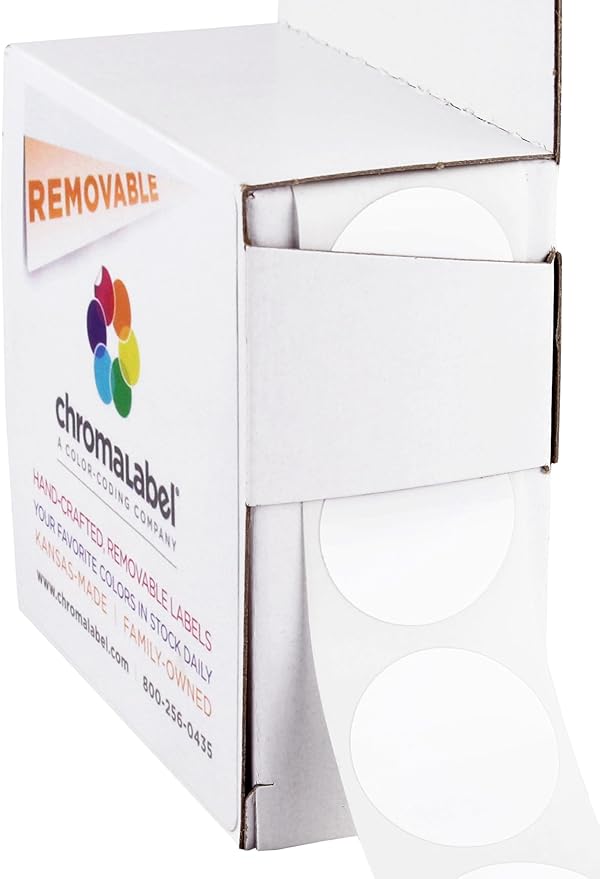 ChromaLabel 1 Inch Circle Sticker Labels, Easy to Write On Round Colored Stickers, Removable Sticky Dots - 1000 Dot Label Stickers per Dispenser Box, White Sticker Labels