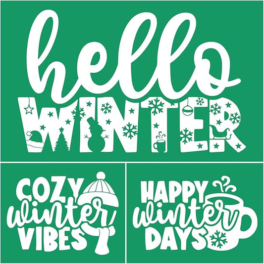 Cozy Christmas Stencil Reusable Self Adhesive Silk Screen Stencil Chalk Paste Stencil Crafts on Wood, Fabric, Winter Silk Screen Transfer for Coffee Bar/Office/Home, Indoor Outdoor Christmas Decor