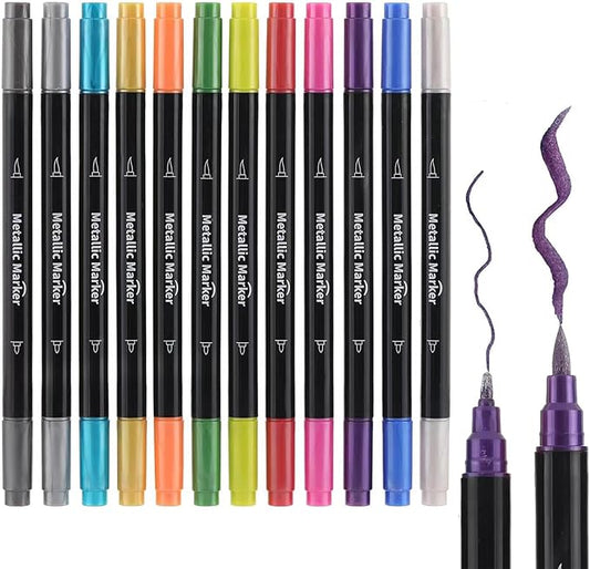 Colourcolor Pack of 12 Metallic Marker Pens - Dual Tip Brush & Fine Point Pens for DIY Album, Black Cards, Rock Painting, Card Making, Scrapbooking, Fabric, Metal, Ceramics, Wine Glass