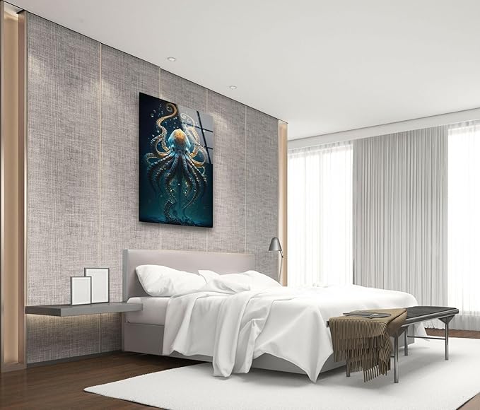 My Photostation.com 24Wx30H'' Underwater Blue Octopus Glass Wall Art Tempered Glass Printing Wall Decor Large Wall Art Wall Hangings