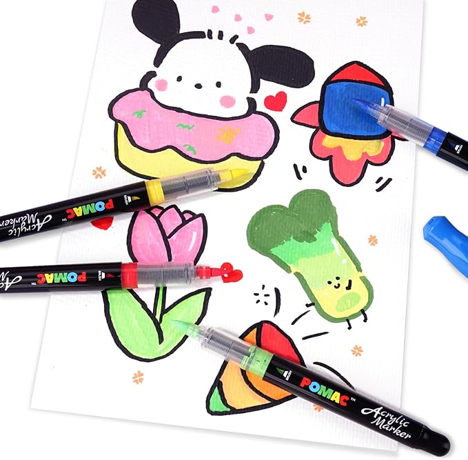 POMAC 36 Colors Acrylic Paint Markers, Water-Based Acrylic Pens Brush Tip, Art Drawing Liquid Paint Pens for Fabric, Canvas, Rock, Glass, Wood, Paper, DIY Crafts and Art Supplies