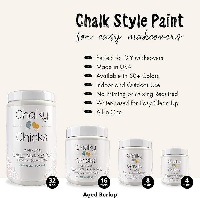 Chalky Chicks All-in-One Chalk Paint for Furniture or Cabinet - 16 Fl Oz - Matte Finish Aged Burlap White for Metal, Wood Furniture Paint - No Sanding All-in-One for Home Decor & Crafts, USA Made