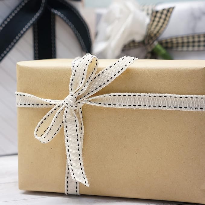 CT CRAFT LLC Ivory Cotton Black Stitched Ribbon 3/8" x 10 Yards for Home Décor Gift Present Wrapping DIY Crafts Birthday Wedding Bouquet Christmas