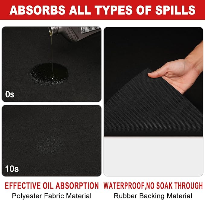 Golener Oil Spill Mat - Garage Floor Mat, Absorbent Oil Pad, Premium Maintenance Mat, Waterproof, Contain Liquid, Protect Garage Surface from Spill & Stain, Reusable, Washable, Durable, Black, 48”x96”