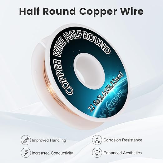 22 Gauge Copper Wire Half Round 0.64x0.32mm - 1.3 oz (85 Feet) Fine Craft Wire for Filigree & Miniature Arts